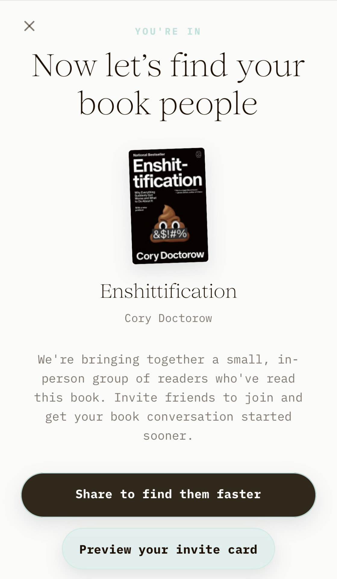 Invite readers who finished Enshittification to join a book conversation